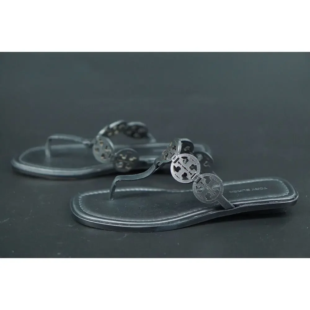Tory Burch Miller Tiny Black Leather Thong Sandals SZ 7.5 $235 Logo Flip Flop
